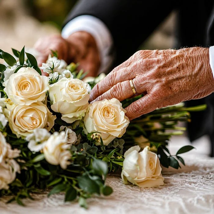 White roses arranged for Jamaica Plain, Burial Services with an elderly hand placing flowers
