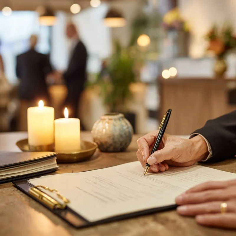 Hand signing forms for Jamaica Plain, MA Preplanning Services beside candles in a funeral consultation