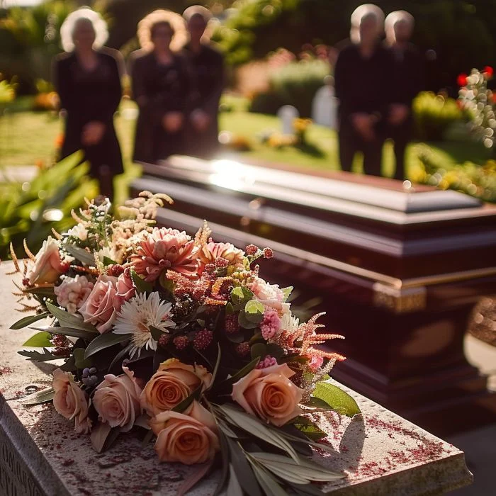 Graveside scene for Boston, MA burial services with floral tribute, polished casket, and mourners