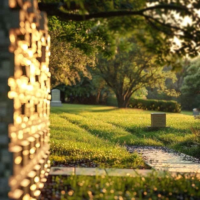 Sunlit memorial garden at Boston, MA columbaria with niche wall, stone path, lawn, and trees