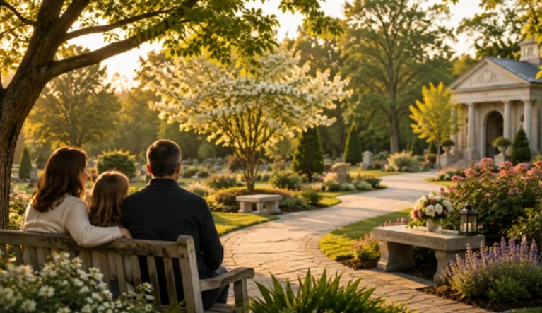 Family sitting together near memorial gardens in Quincy, MA.