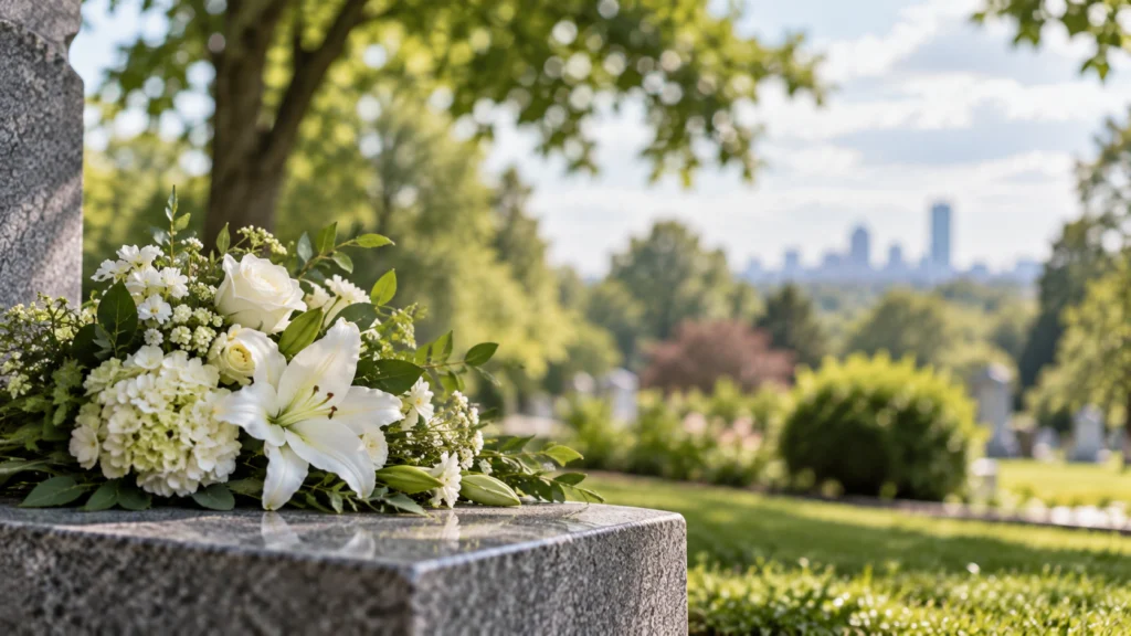 Alt text: A floral memorial cemeteries in Jamaica Plain, MA 
