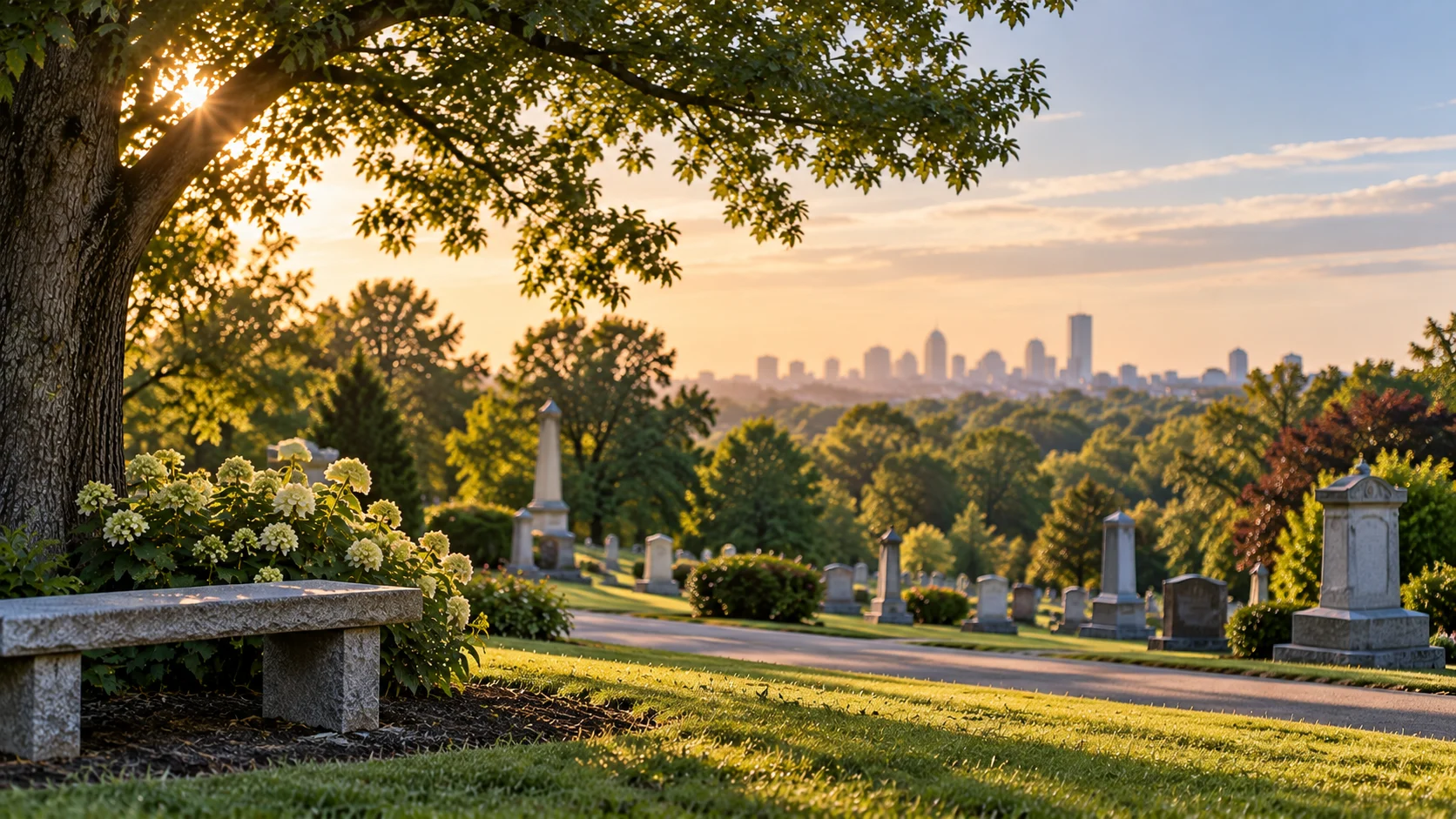Alt text: Golden-hour cemeteries Jamaica Plain, MA with peaceful setting for remembrance.