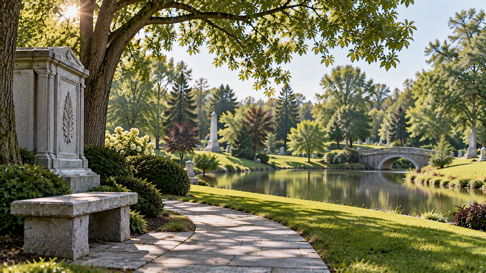 Alt text: Ornate gravestone overlooking a pond and stone bridge in a landscaped Quincy, MA cemetery.