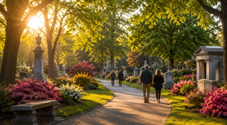 Visitors walk along a peaceful path surrounded by flowers and greenery at cemeteries Boston, MA.