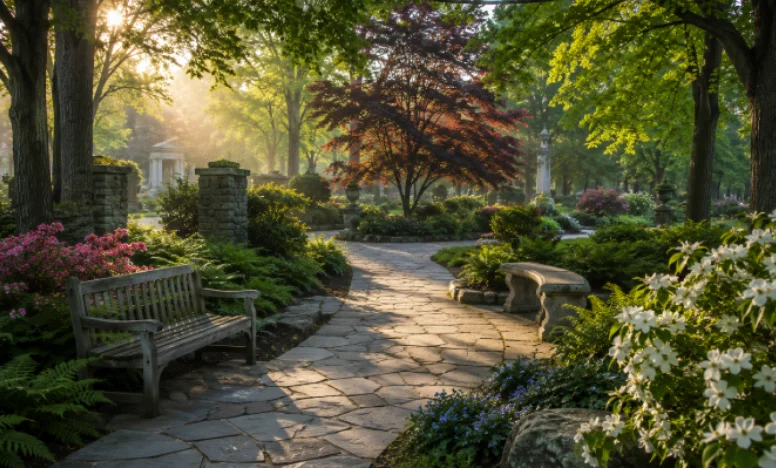 A peaceful garden path surrounded by flowers offers a reflective setting at cemeteries Quincy, MA