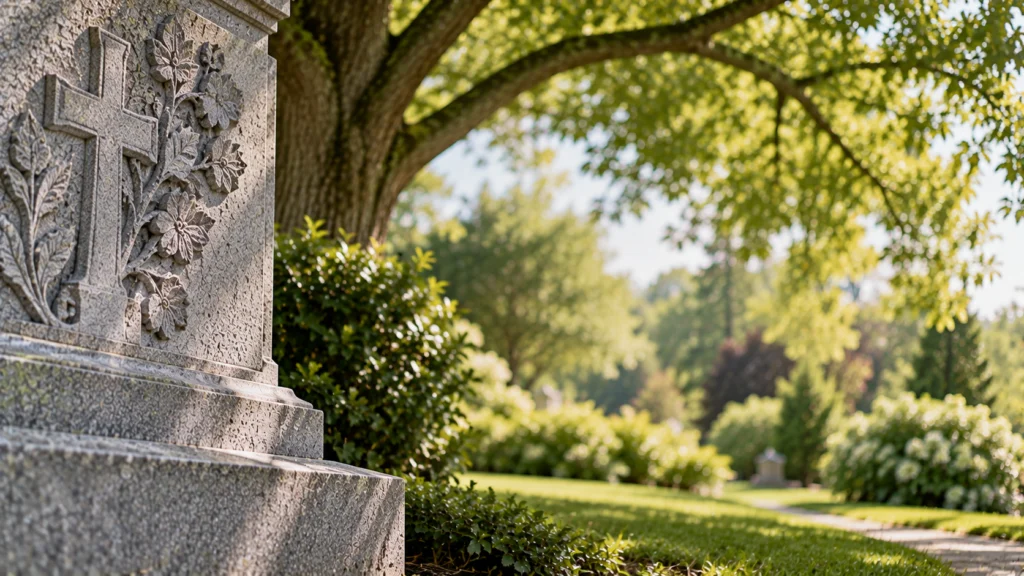 Alt text: Ornate floral cross gravestone beneath leafy trees in a landscaped Boston, MA cemetery.