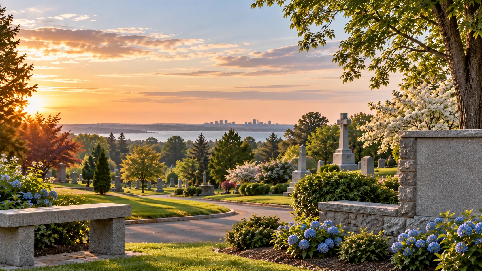 Alt text: A peaceful cemeteries Boston MA landscape glows warmly at sunset.