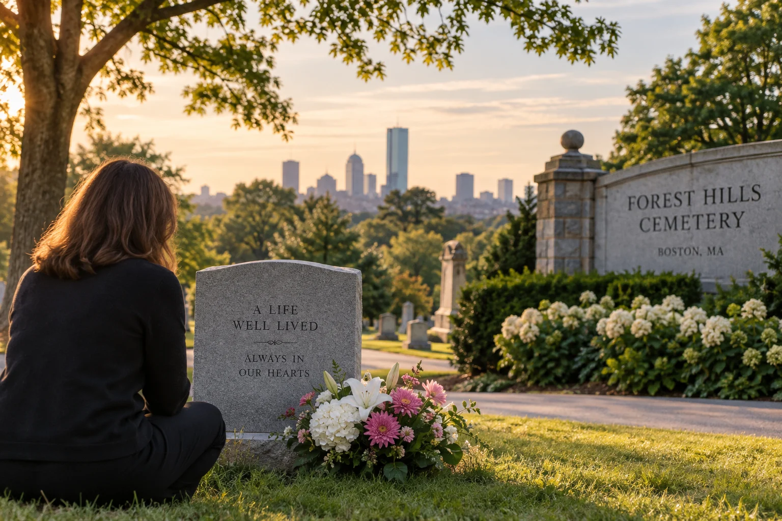 Alt text: A peaceful cemeteries Boston, MA remembrance scene with flowers, reflection, and warm natural light.