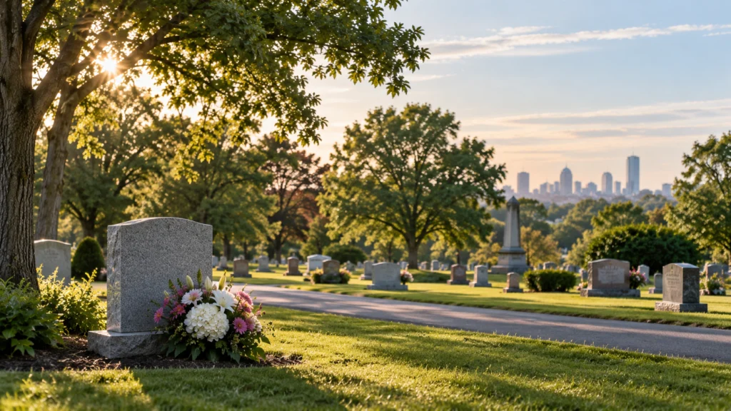 Alt text: A peaceful golden-hour cemeteries Boston, MA landscape conveys enduring remembrance and quiet dignity