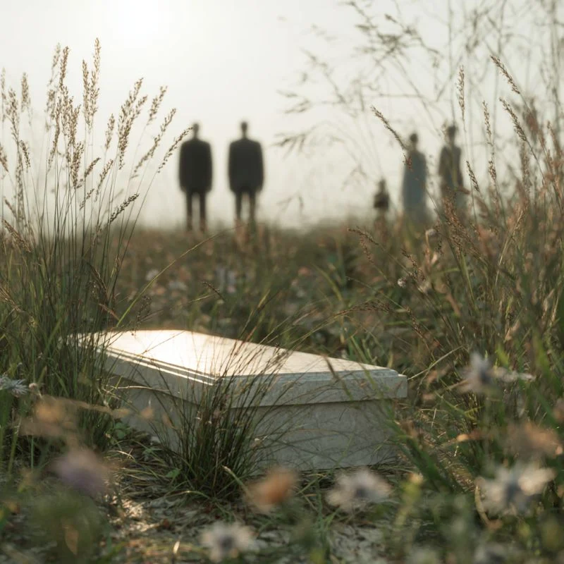 Natural gravesite for Quincy, MA burial services with stone marker, tall grass, and mourners in soft focus