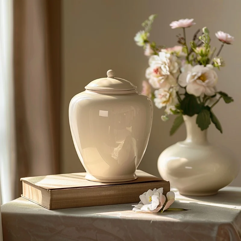 White urn for Quincy, MA cremation services beside flowers on a book in a soft memorial setting